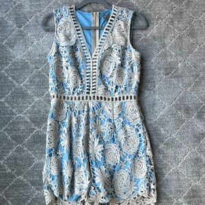 Chic Blue and Beige Lace Overlay Dress